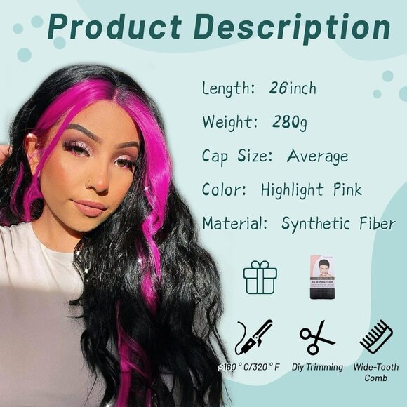 [26 INCH] Hot Pink Highlight Wig - Picture 2 of 5